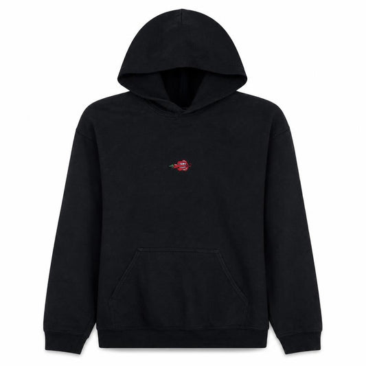 Late Club Black Pullover Hoodie Women S Embroidered Lips Design