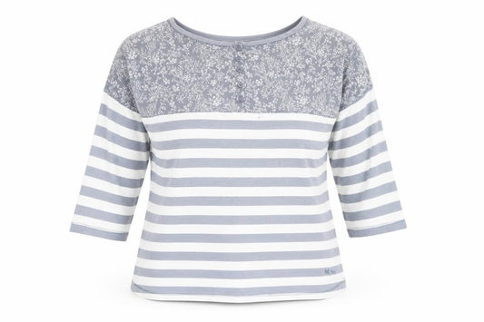 FatFace Women's Grey White Striped Floral 3/4 Sleeve Cotton Top Size 12
