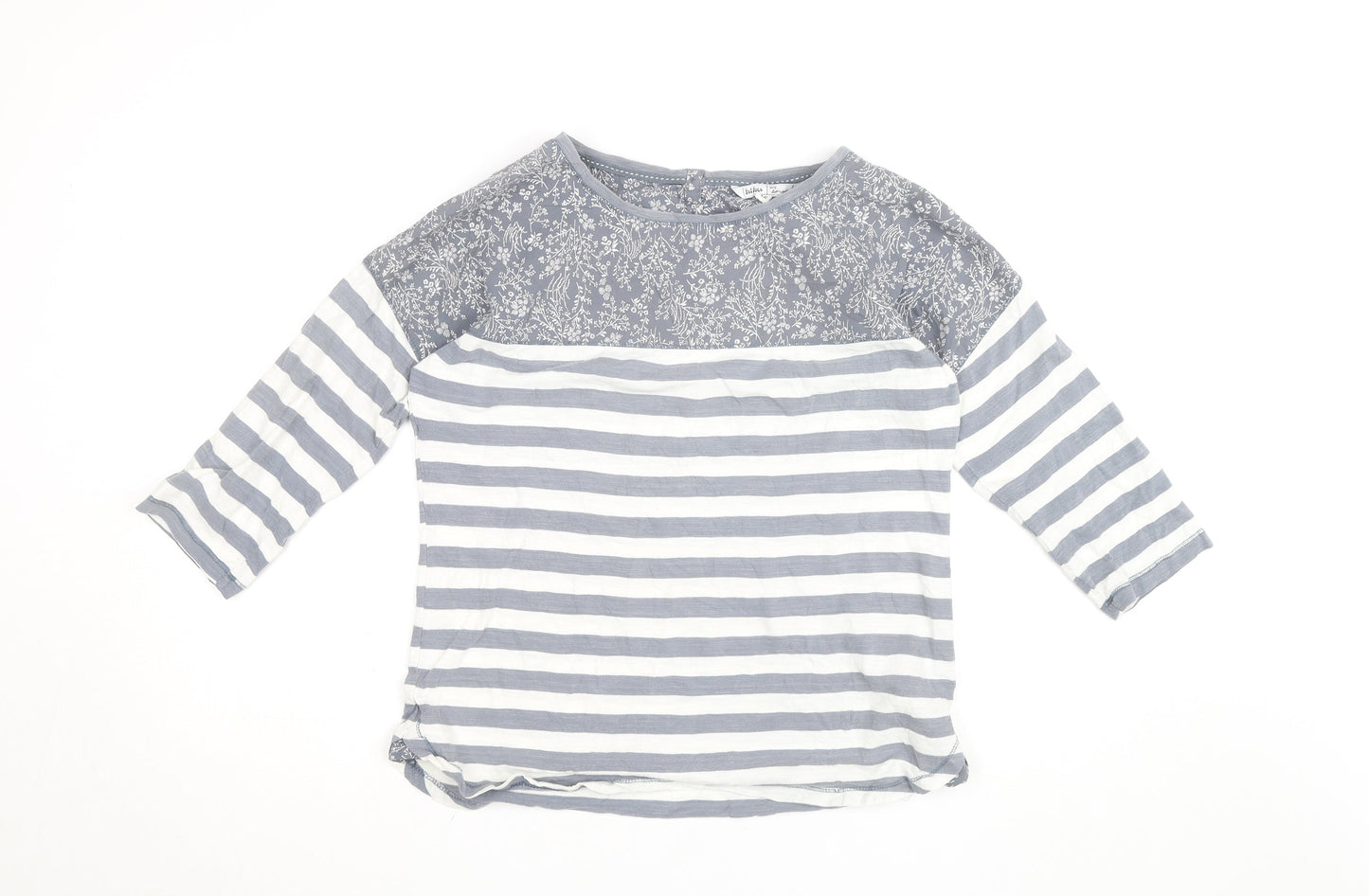 Fat Face Women's Grey White Striped Floral 3/4 Sleeve Cotton Top Size 12