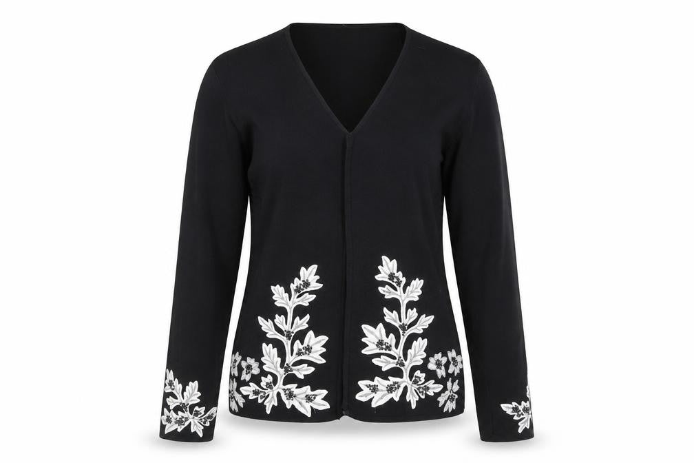Casamia Women's Black Floral Embroidered V-Neck Cardigan Size S