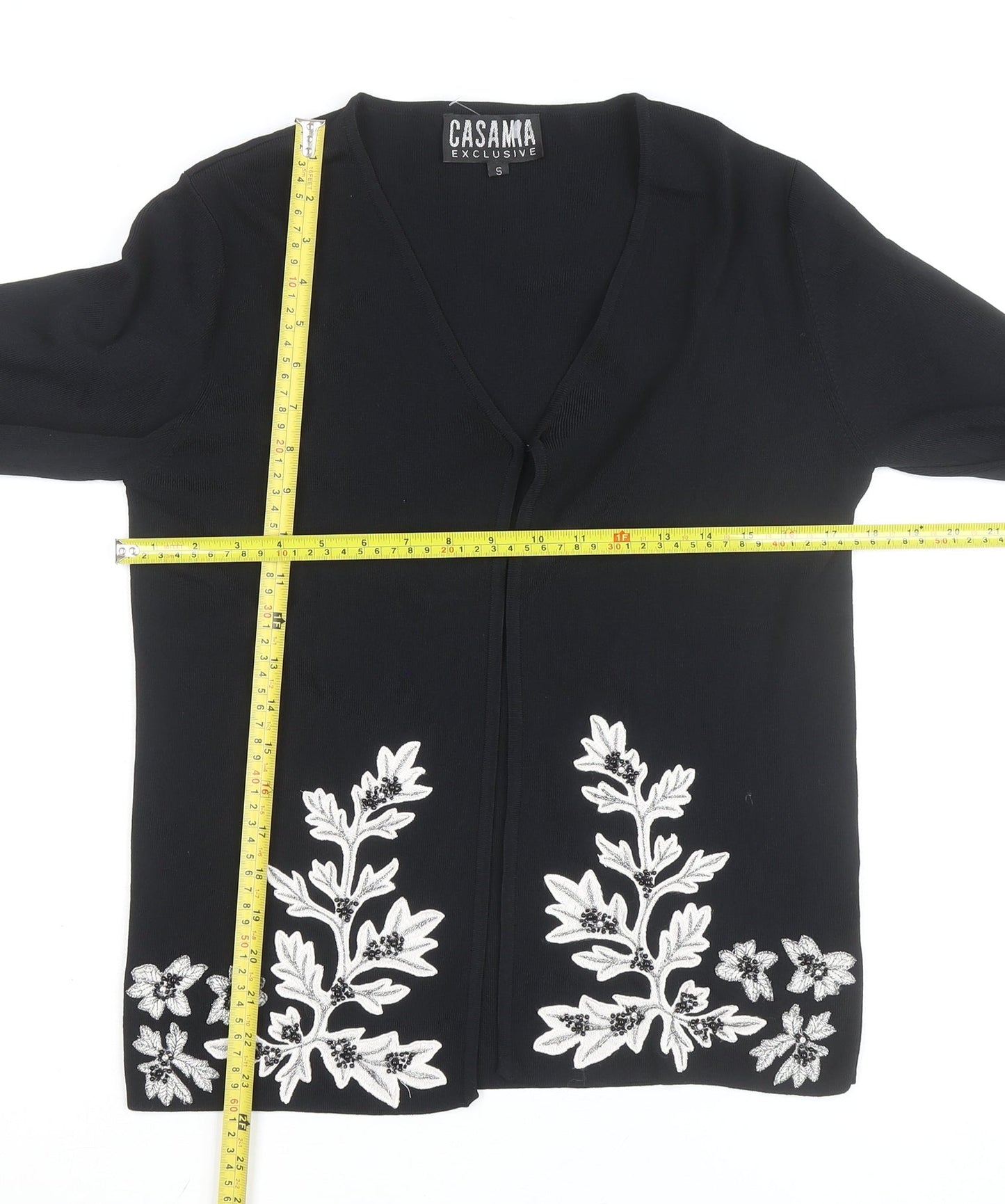 Casamia Exclusive Women's Black Floral Embroidered V-Neck Cardigan Size S