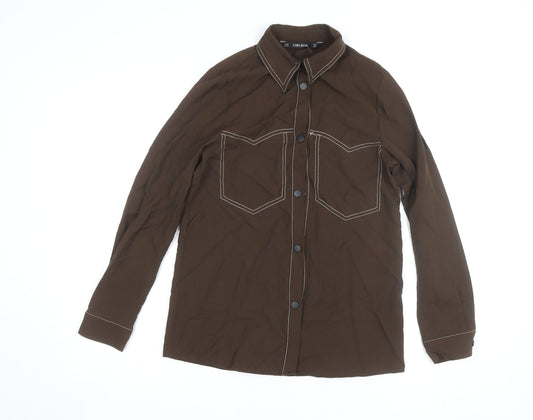 Zara Women Brown Long Sleeve Button-Up Shirt XS Basic Style