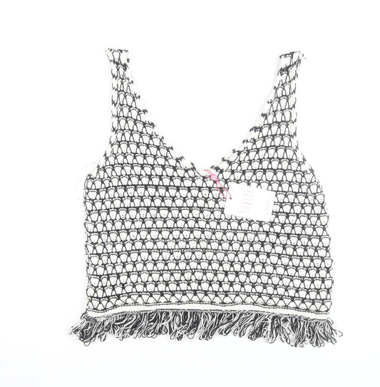 Savida Women Black Crochet Knit Fringe Cropped Tank Top Size 12