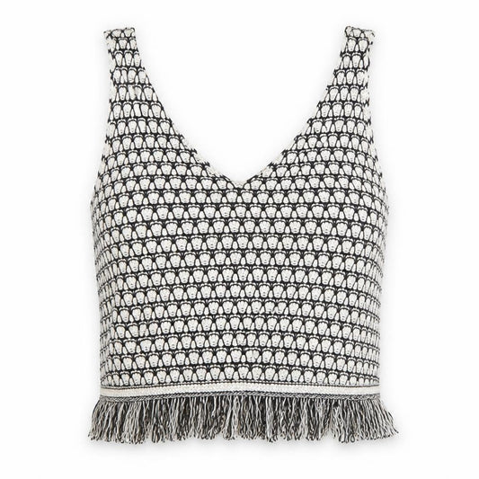 Savida Women Black Crochet Knit Fringe Cropped Tank Top Size 12