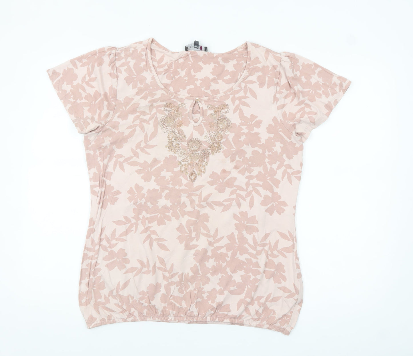 Marks and Spencer Per Una Womens Beige Floral Embroidered T-Shirt Size 14