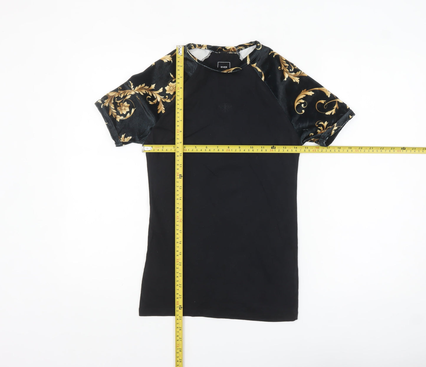 River Island Men's Black Gold Baroque Muscle Fit T-Shirt XS
