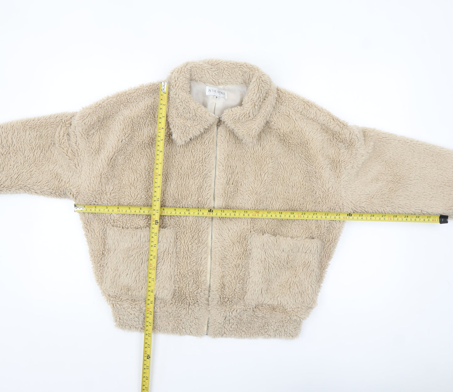 In The Style Women’s Beige Faux Fur Cropped Bomber Jacket Size 8