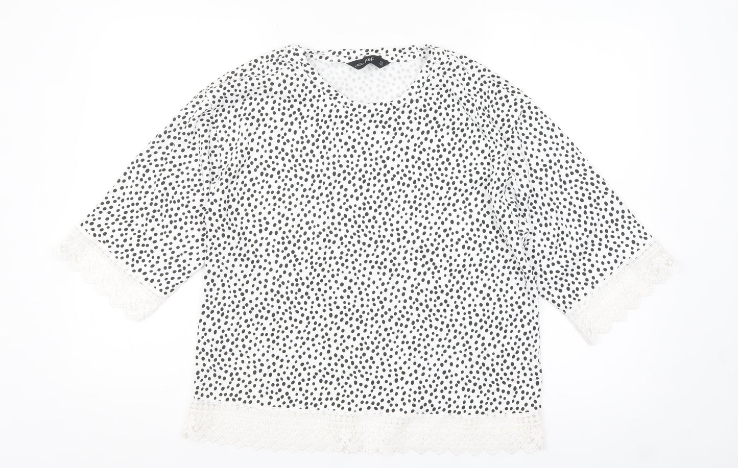 F&F Women White Black Polka Dot Lace Trim Blouse Size 14