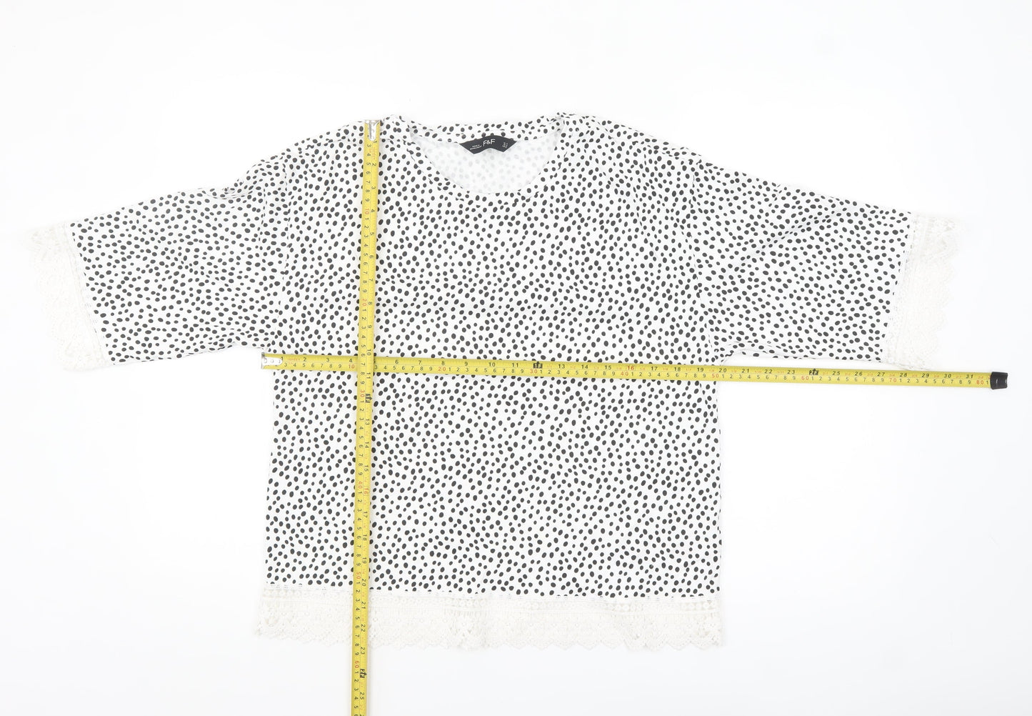 F&F Women White Black Polka Dot Lace Trim Blouse Size 14