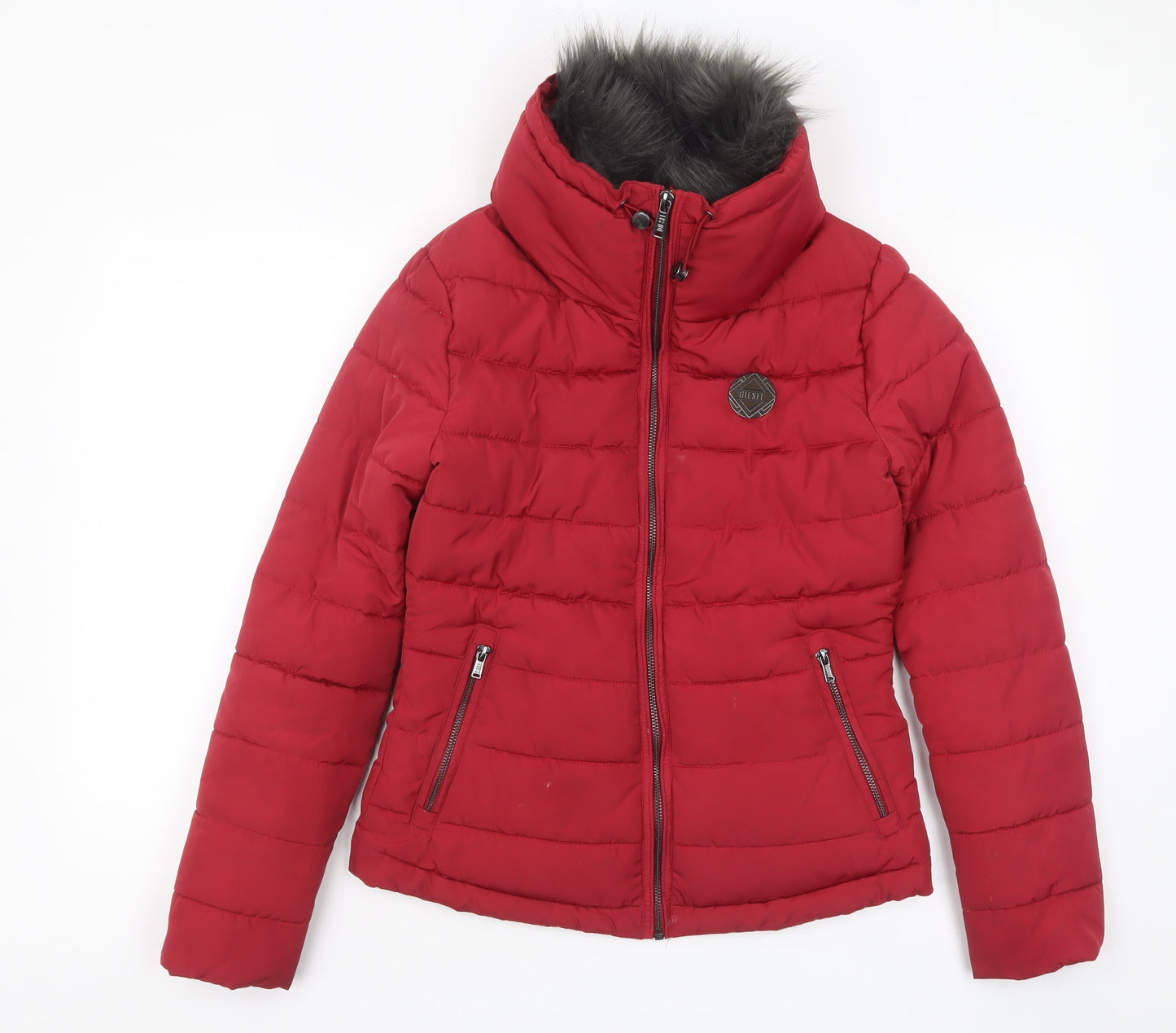 Diesel Womens Red XS Puffer Jacket Faux Fur Hood Winter Coat