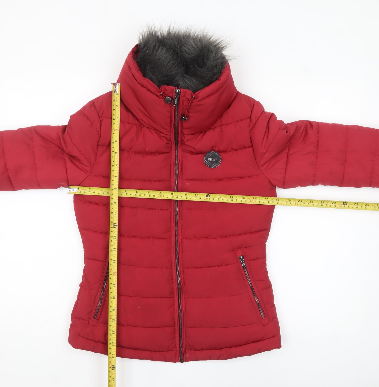 Diesel Womens Red XS Puffer Jacket Faux Fur Hood Winter Coat