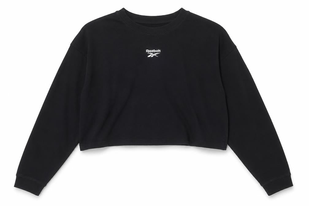 Reebok Women's Black Cropped Long Sleeve Cotton T-Shirt L