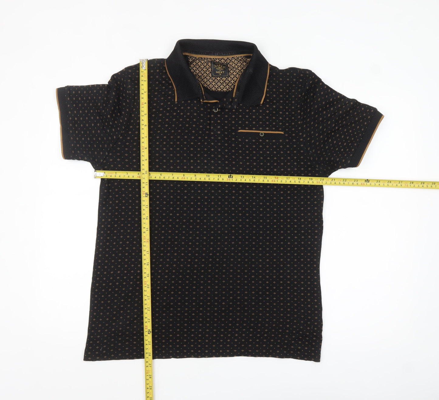 Next Men's Black Geometric Cotton Polo Shirt Size M