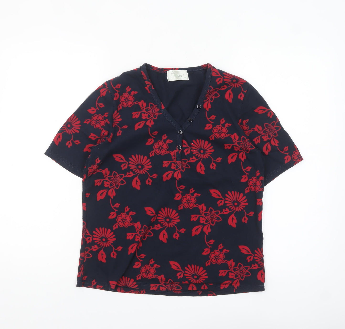 Jumper Women's Blue Red Floral Cotton V-Neck Short Sleeve T-Shirt M