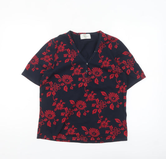 Jumper Women's Blue Red Floral Cotton V-Neck Short Sleeve T-Shirt M