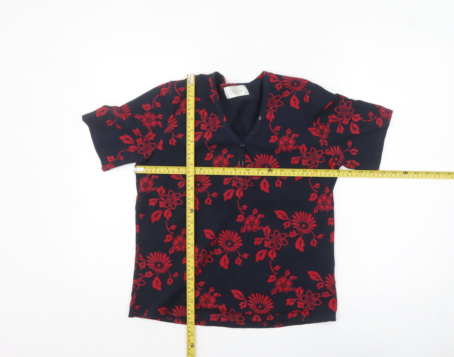 Jumper Women's Blue Red Floral Cotton V-Neck Short Sleeve T-Shirt M