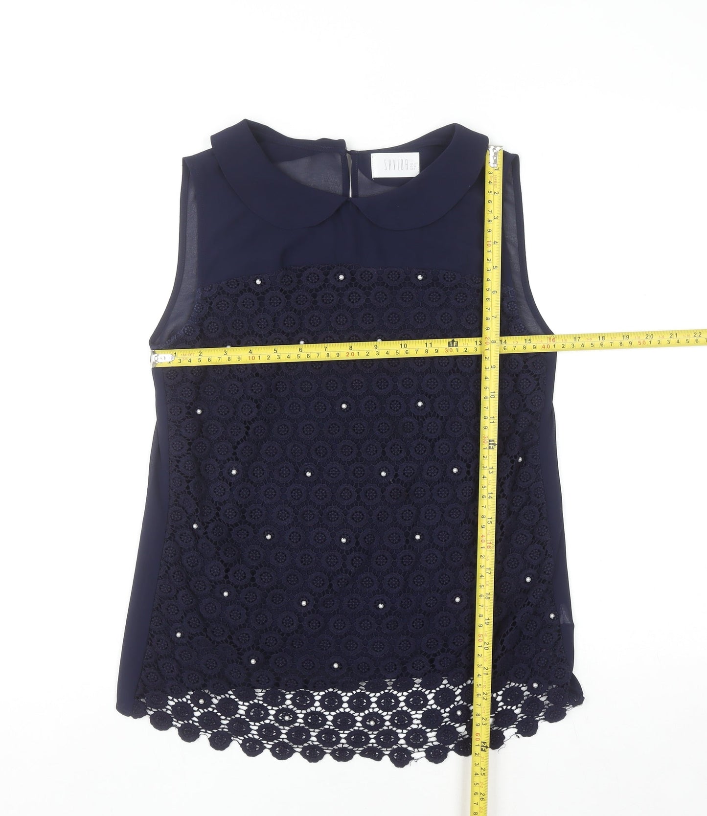 Savida Women’s Navy Blue Beaded Lace Sleeveless Blouse UK 10