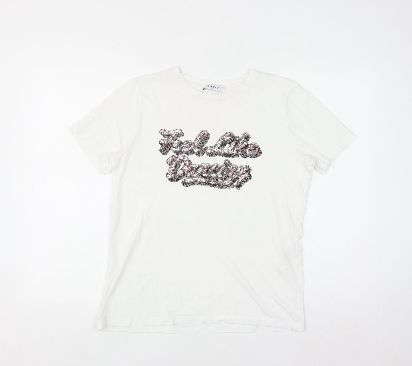 Pieces Women's White Sequin Slogan Cotton T-Shirt Size M