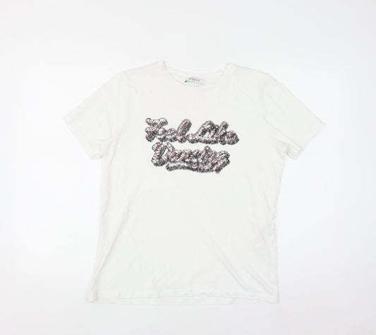 Pieces Women's White Sequin Slogan Cotton T-Shirt Size M