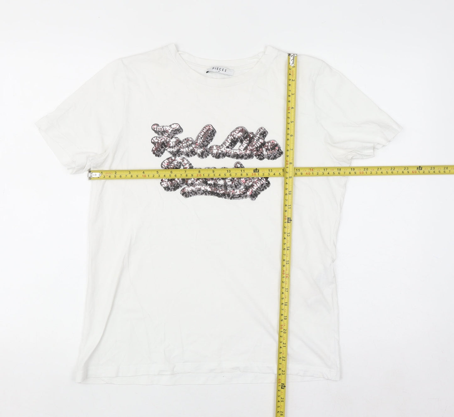 Pieces Women's White Sequin Slogan Cotton T-Shirt Size M