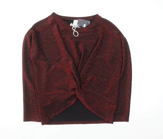 Italy Style Women Red Glitter Twist Front Long Sleeve Blouse M
