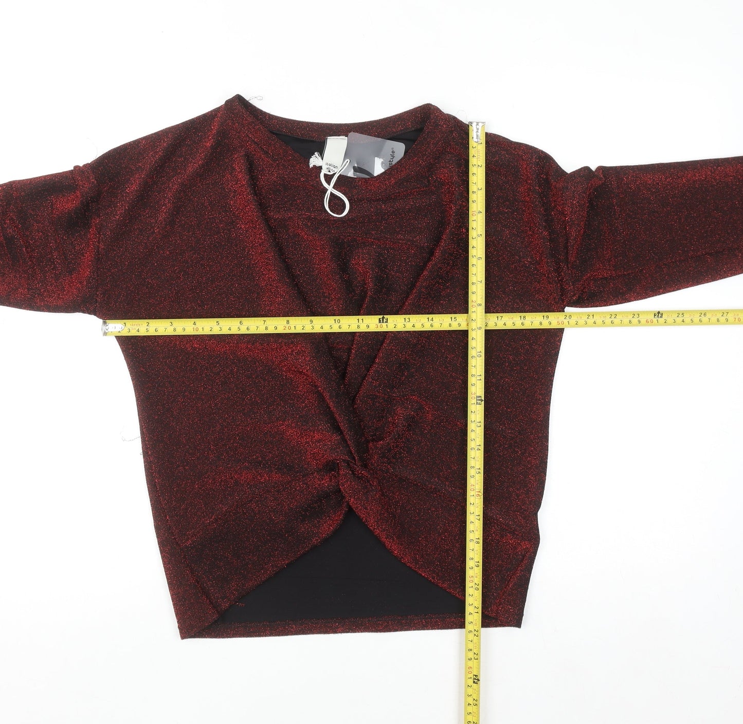 Italy Style Women Red Glitter Twist Front Long Sleeve Blouse M