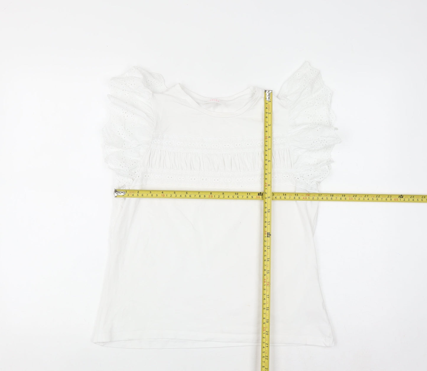 Savida Womens White Ruffle Sleeve Cotton T-Shirt Size 12