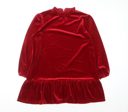 Additional front view of Dunnes girls’ red velvet ruffle long sleeve shift dress 8-9 years