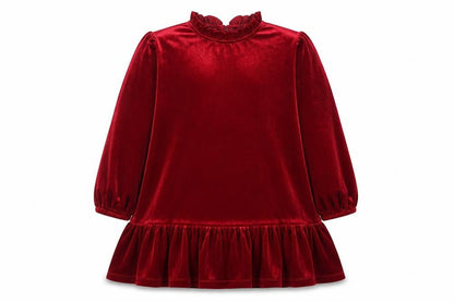 Front view of Dunnes girls’ red velvet ruffle long sleeve shift dress 8-9 years