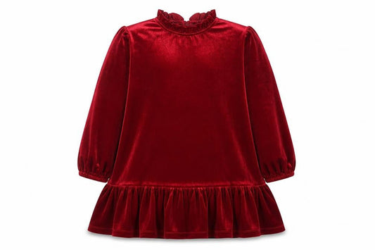 Dunnes Stores Girls Red Velvet Ruffle Long Sleeve Shift Dress 8-9 Years