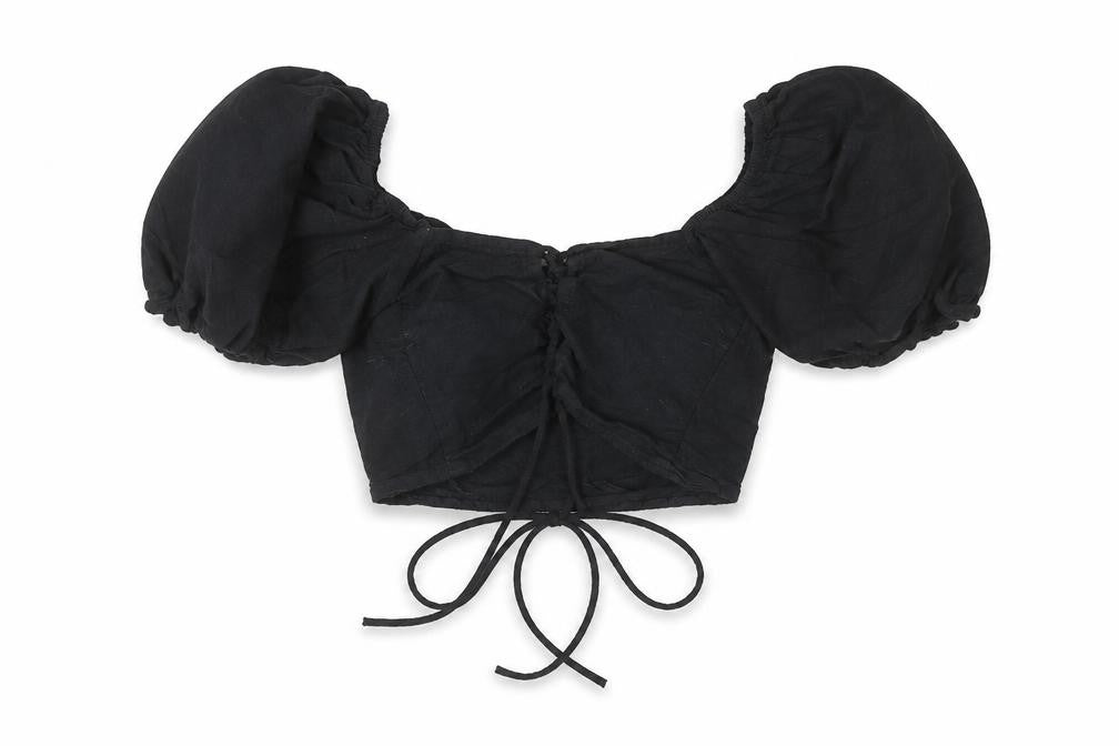 Motel Rocks Women's Black Cotton Cropped Puff Sleeve Blouse XS