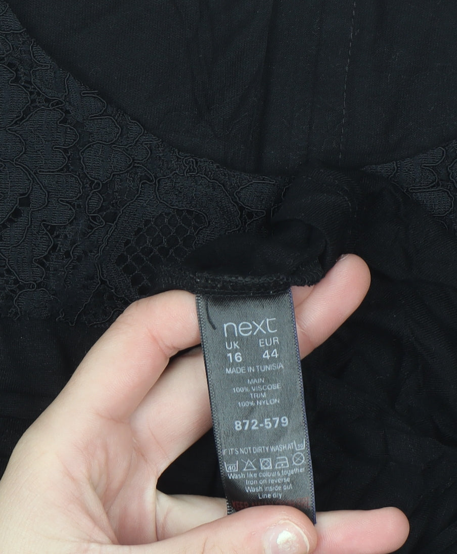 Next Women's Black Lace Short Sleeve Viscose Blouse Size 16