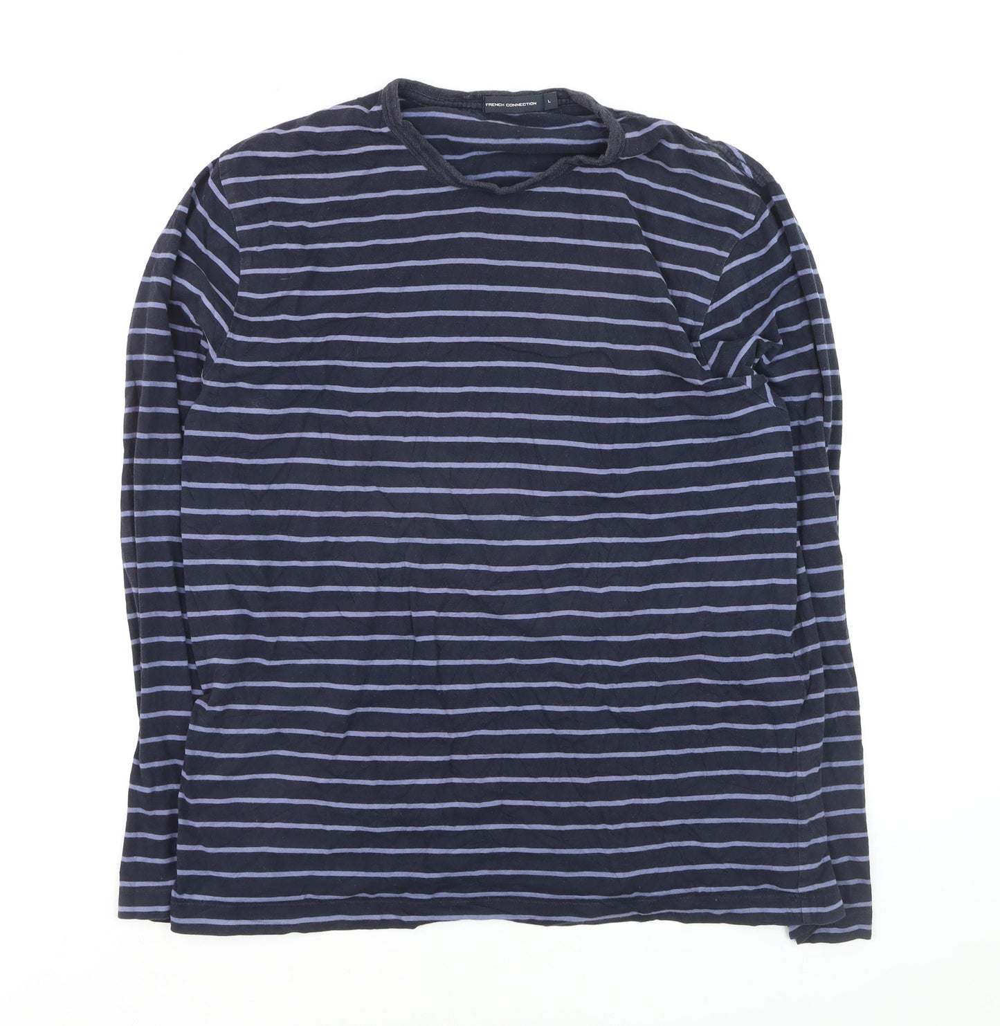 French Connection Men's Blue Striped Long Sleeve Cotton Top Size L