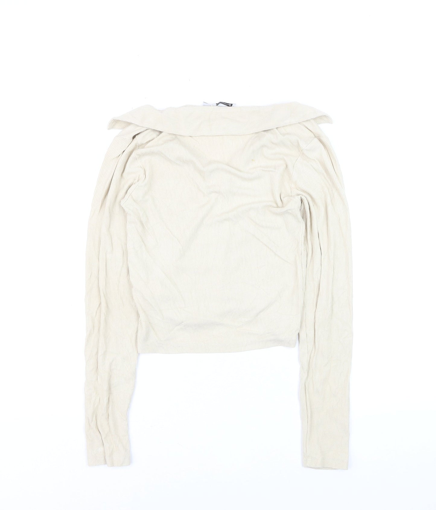 Stradivarius Women Beige Collared Ribbed Cropped Long Sleeve Top S