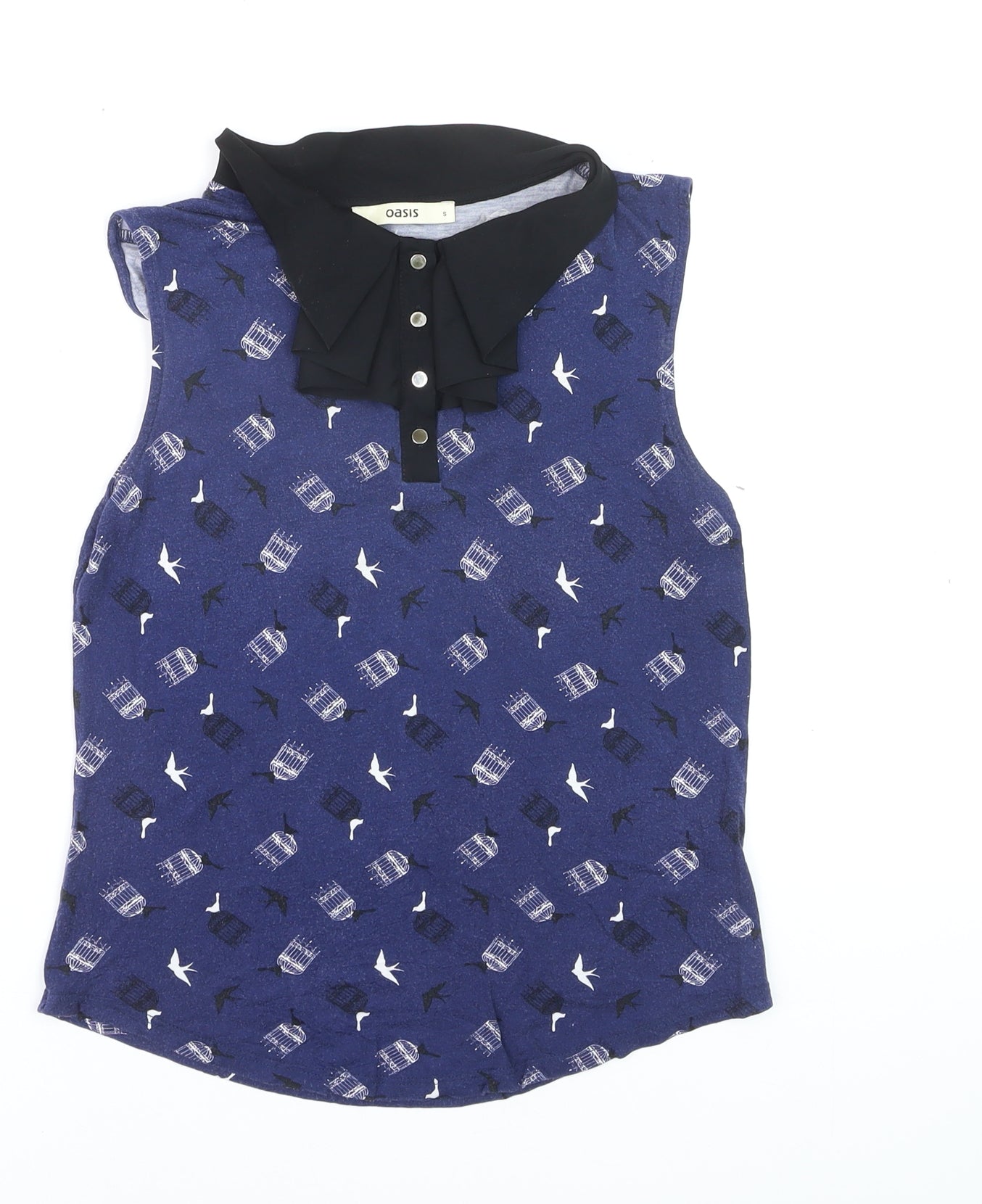 Oasis Women's Blue Bird Print Collared Sleeveless Blouse Size S