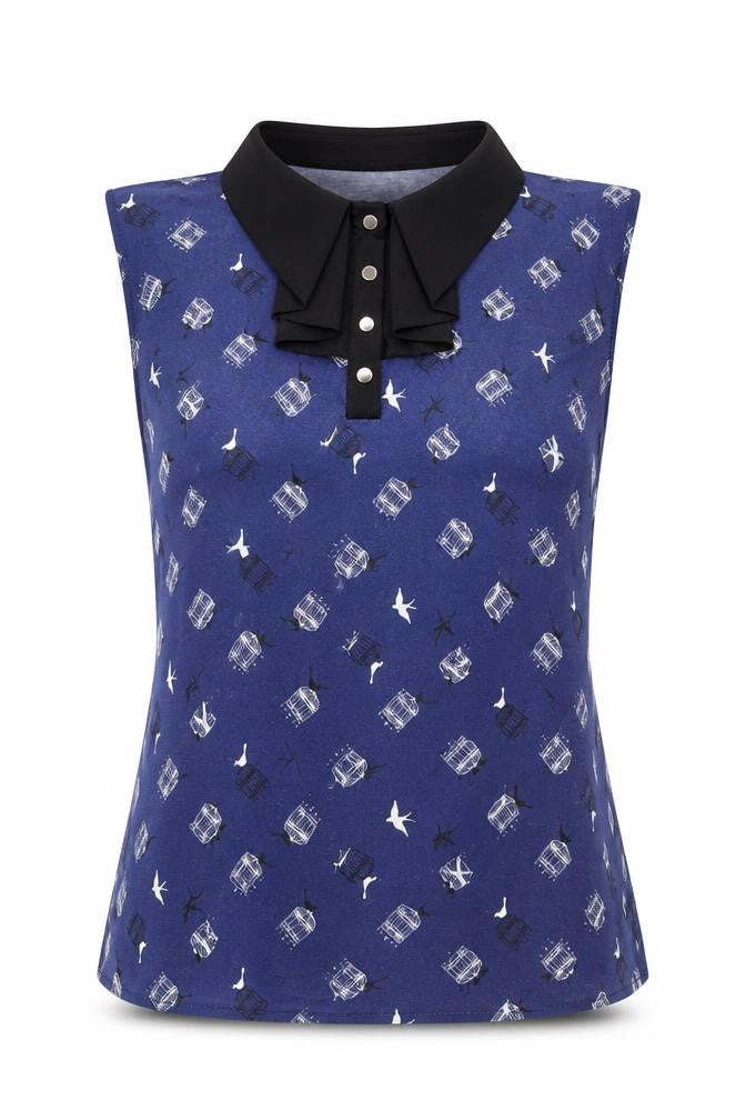 Oasis Women's Blue Bird Print Collared Sleeveless Blouse Size S