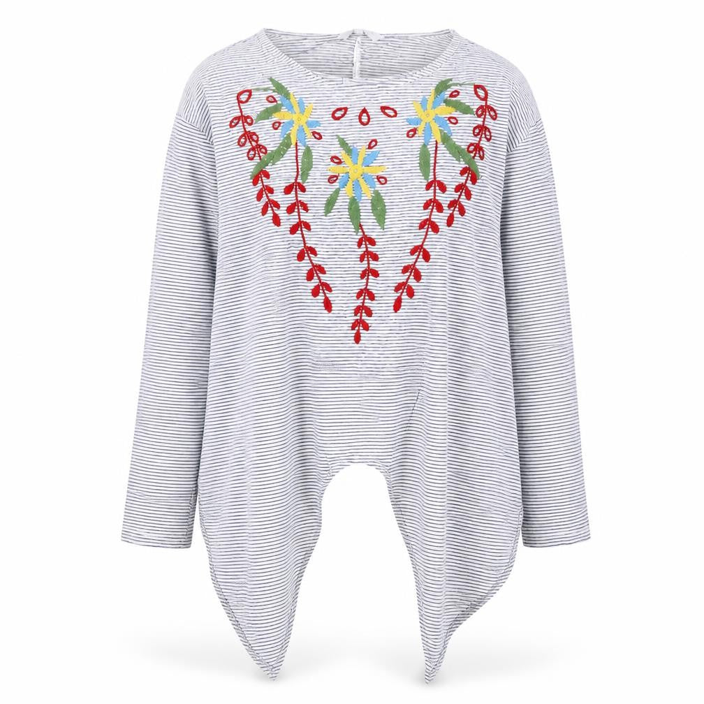 Red Herring Womens White Striped Floral Embroidered Long Sleeve Tunic Blouse Size 16