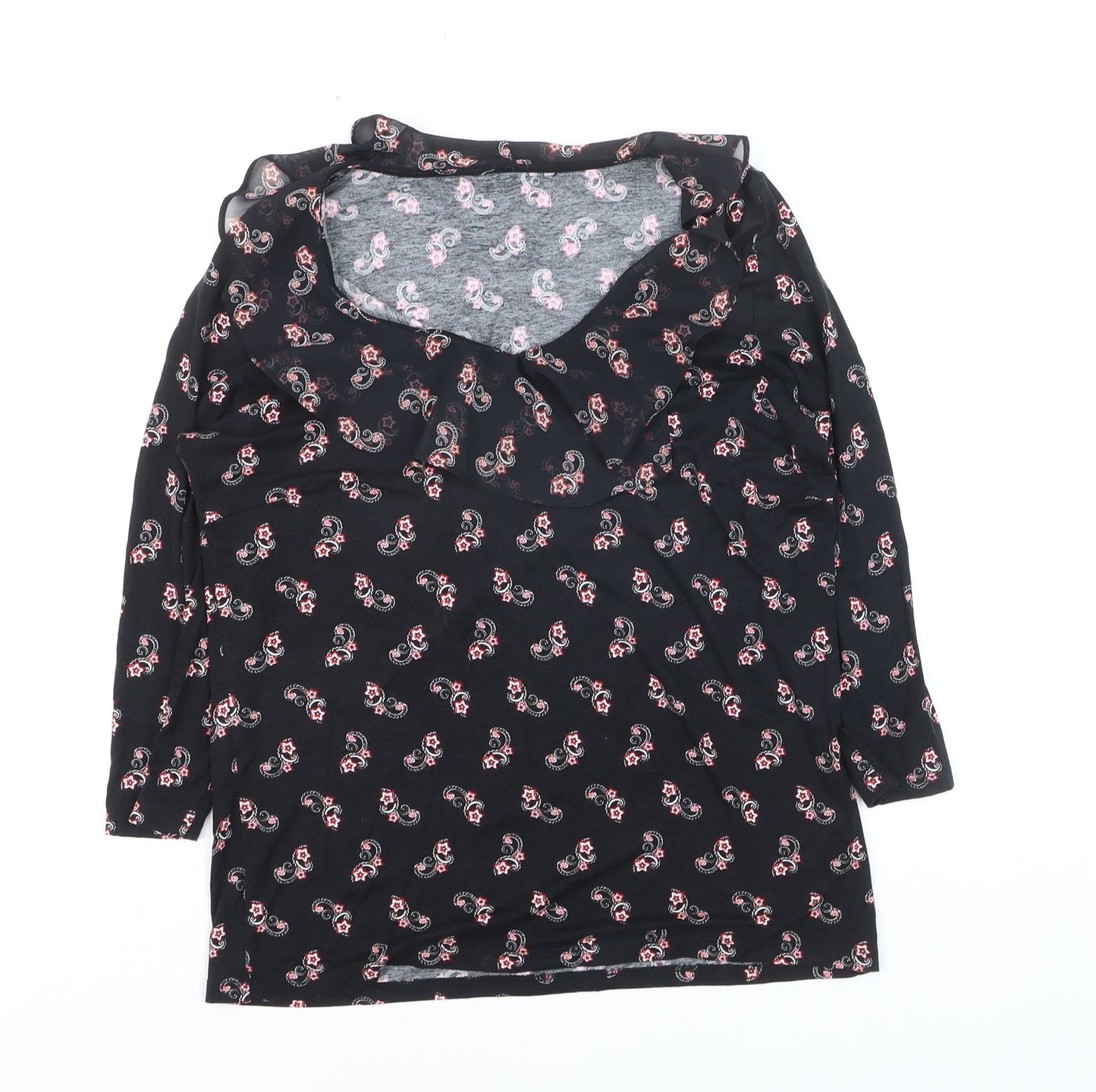 M&Co Women’s Black Paisley Jersey Top Size 12 3/4 Sleeve Scoop Neck