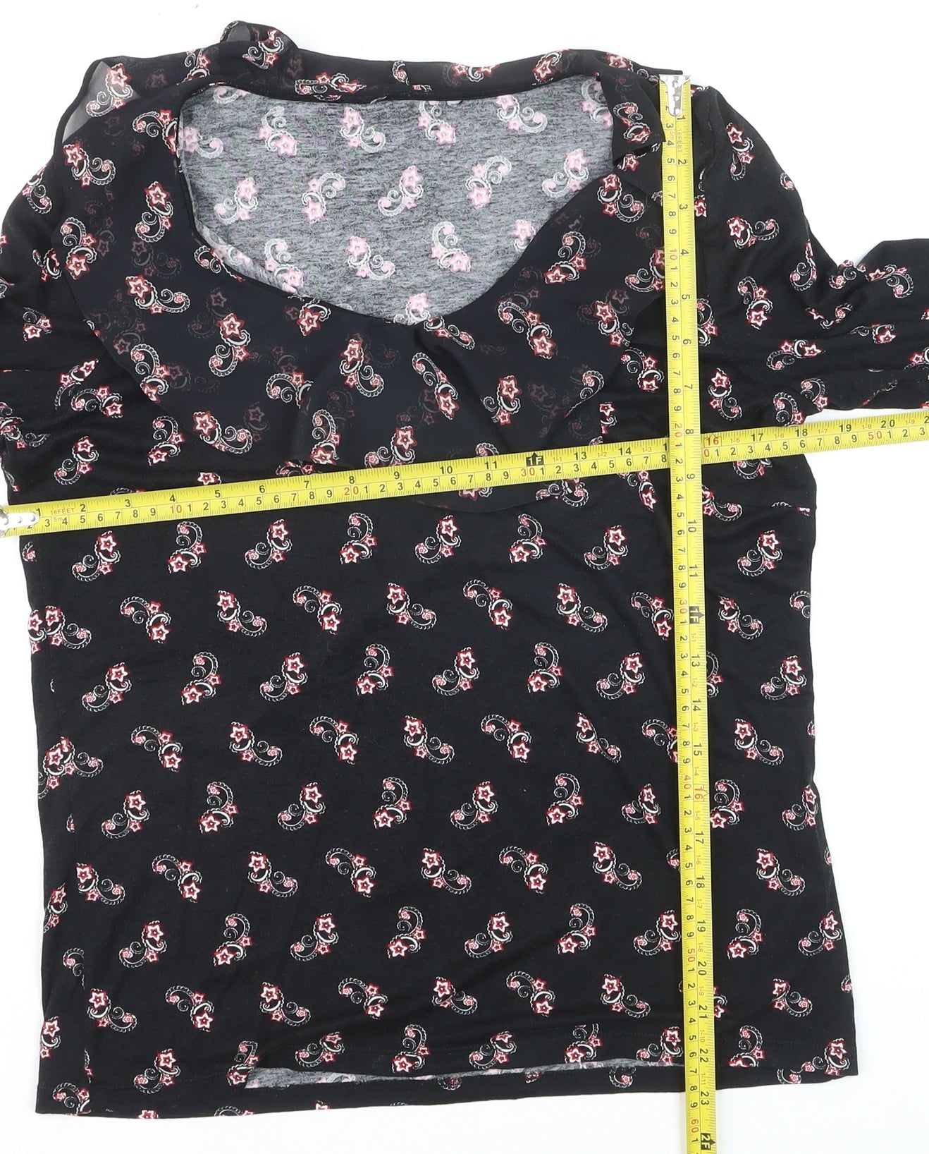 M&Co Women’s Black Paisley Jersey Top Size 12 3/4 Sleeve Scoop Neck