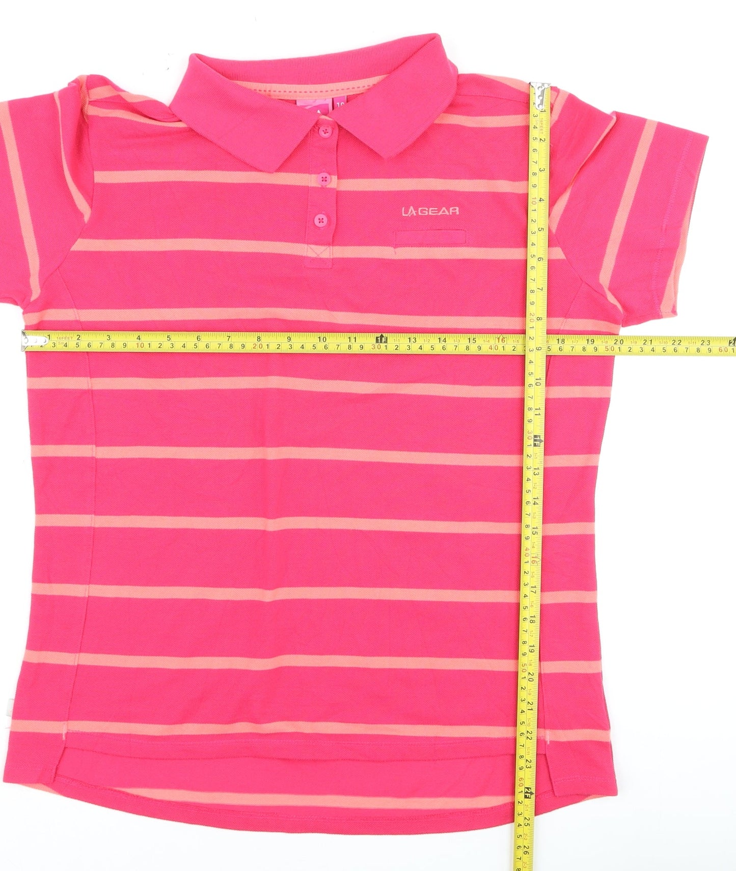 LA Gear Womens Pink Striped Polo Shirt Size 16 Short Sleeve