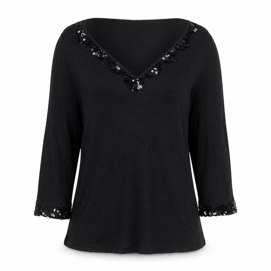 Marks Womens & Spencer Per Una Black Beaded V-Neck Long Sleeve Tunic Blouse Size 10