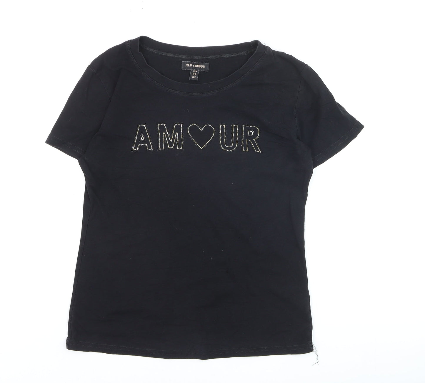 QED London Womens Black Beaded AMOUR Short Sleeve Cotton T-Shirt M