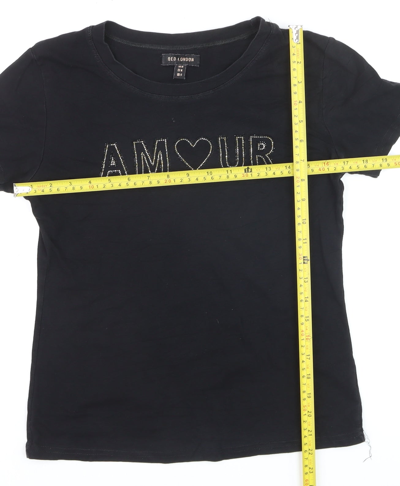 QED London Womens Black Beaded AMOUR Short Sleeve Cotton T-Shirt M