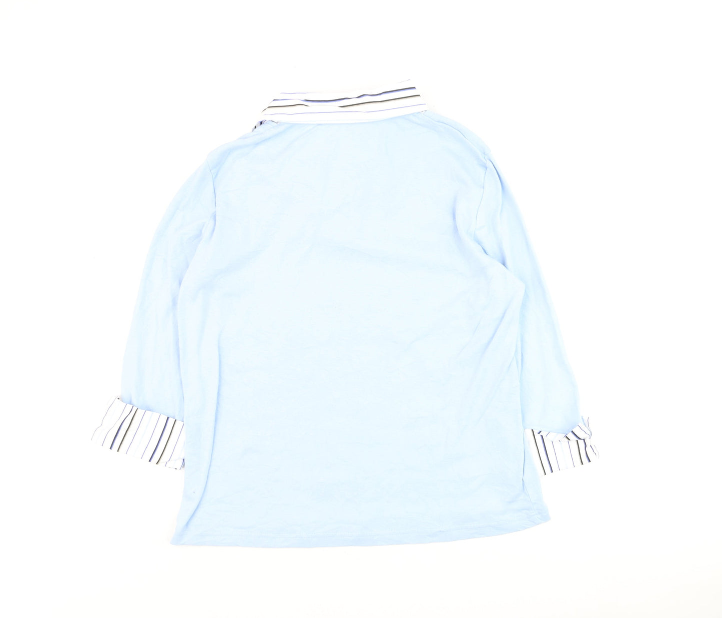 Damart Women Blue Striped Collar Cotton 3/4 Sleeve Button-Up Top Size 14/16