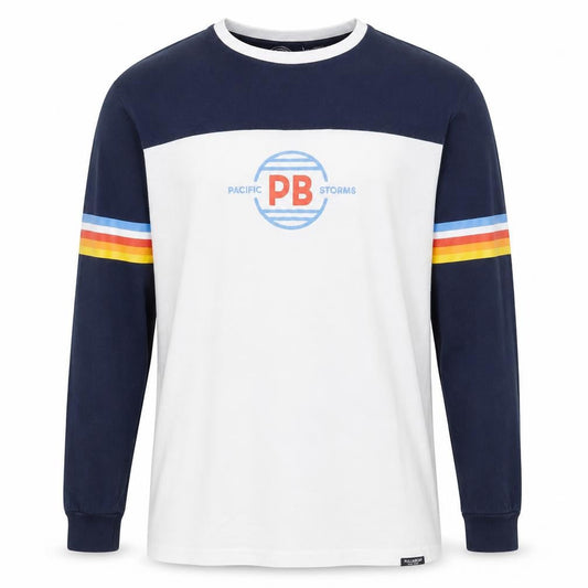 Pull&Bear Men's White Navy Retro Long Sleeve Cotton Top L