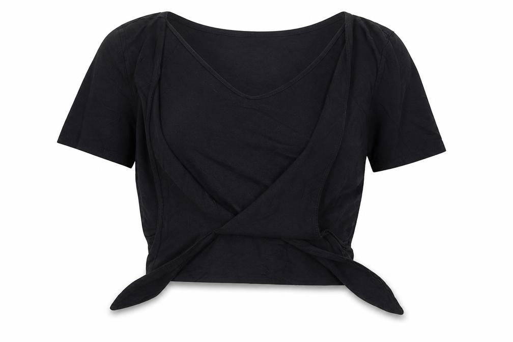 Pull&Bear Women’s Black Wrap Blouse Medium Short Sleeve Jersey Top