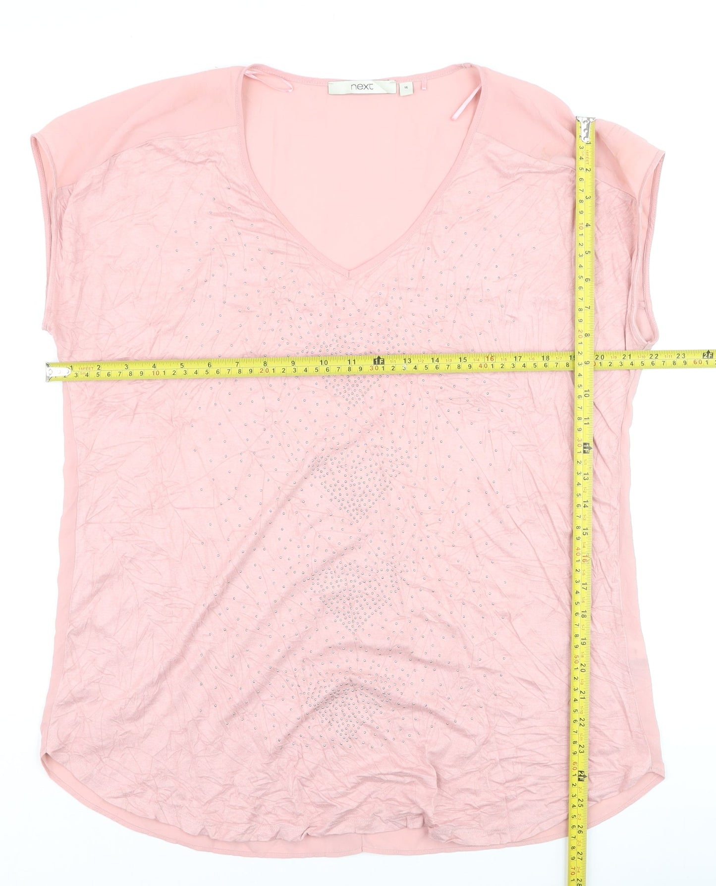 Next Women Pink Beaded Chiffon Blouse Size 16 V-Neck Short Sleeve
