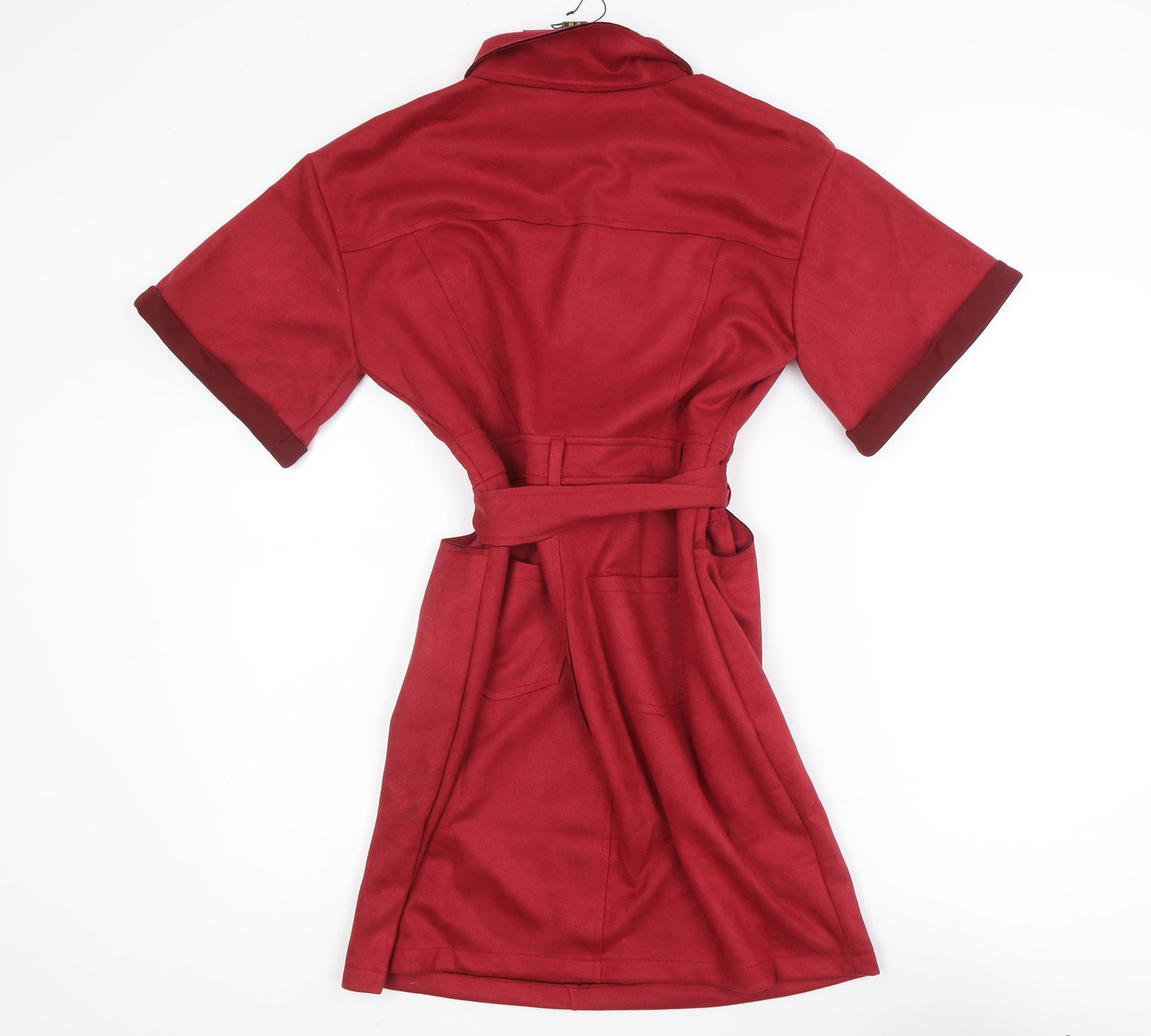H.F Women Red Knee Length Shirt Dress Size L Belted Collared Workwear
