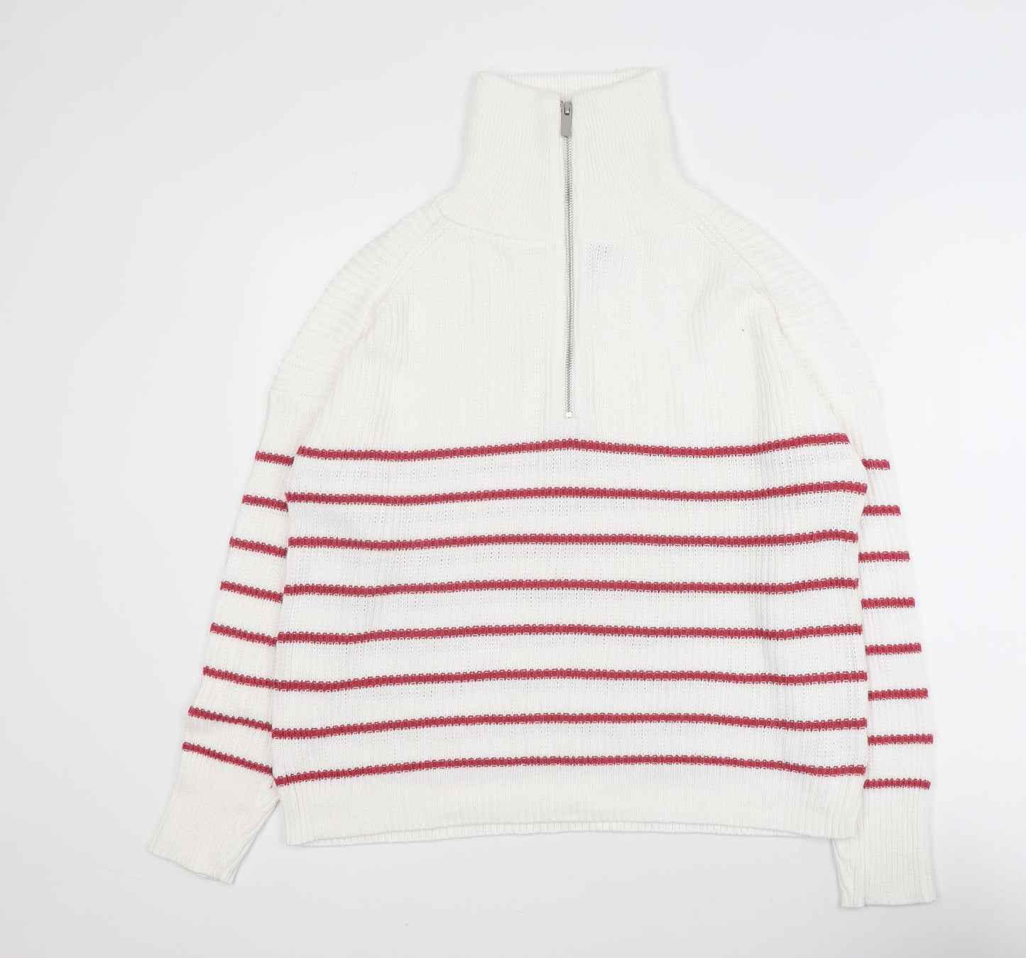 Rachel Zoe Women White Striped High Neck Half Zip Jumper Size L