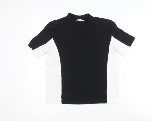 Zara Women Black White Colourblock Mock Neck Short Sleeve T-Shirt S